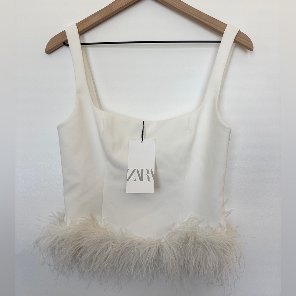 zara NWT white feathered tank top blouse stretch 4772/104 197 size small - Picture 5 of 12